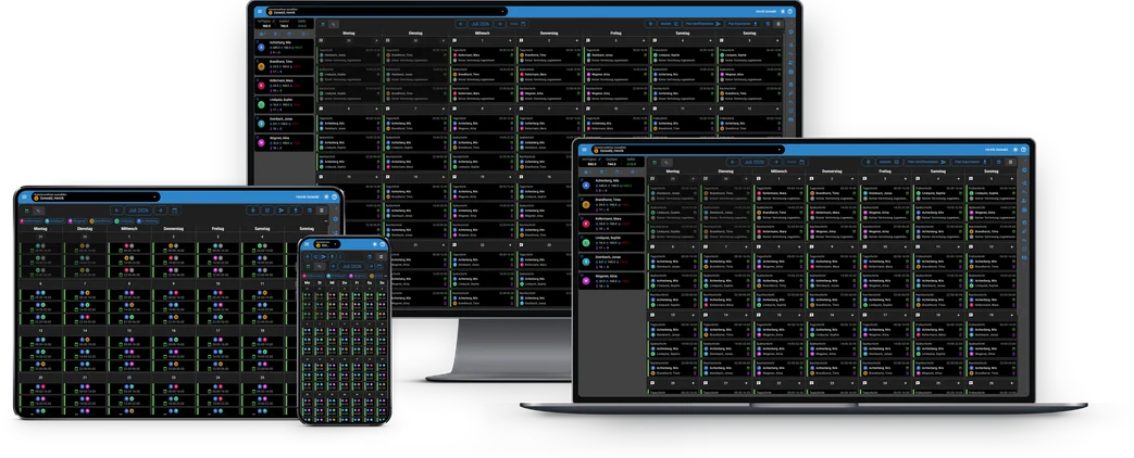 Assistenz Connect im dunklen Design auf Desktop, Tablet und Smartphone
