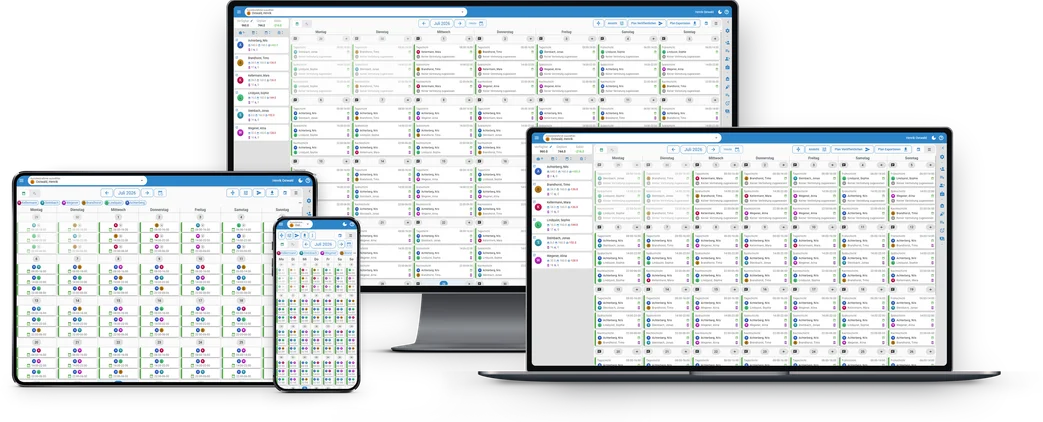 Assistenz Connect im hellen Design auf Desktop, Tablet und Smartphone