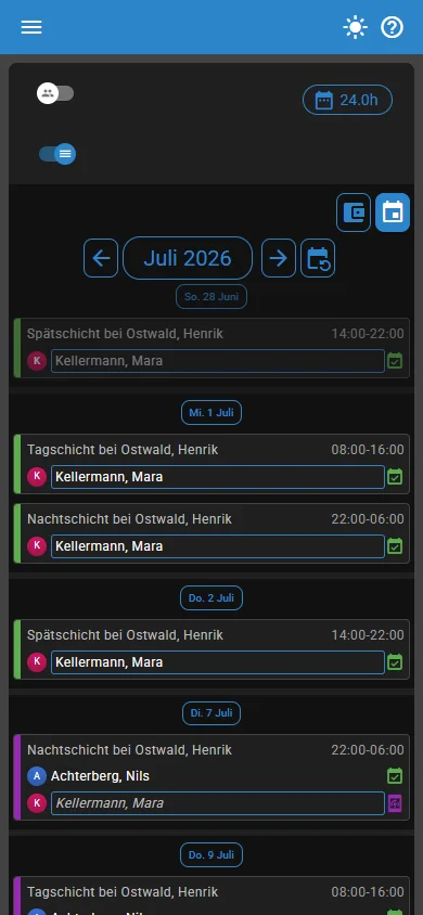 Assistenz-Ansicht: eigene Dienste als chronologische Liste