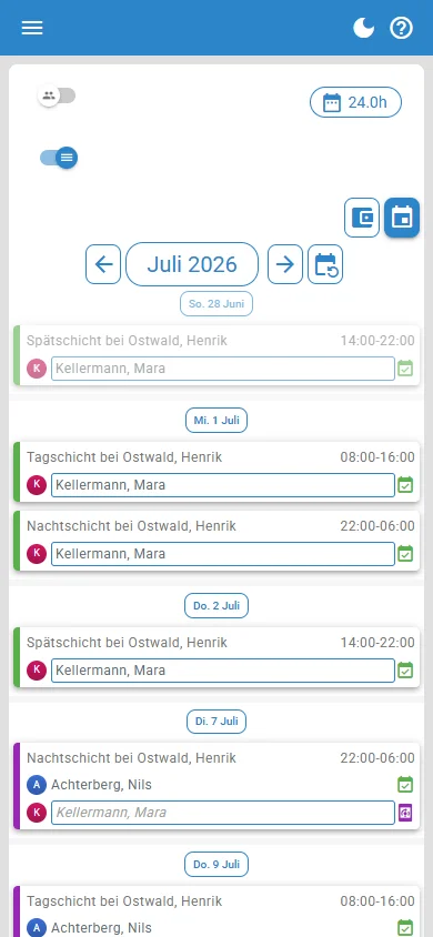 Assistenz-Ansicht: eigene Dienste als chronologische Liste