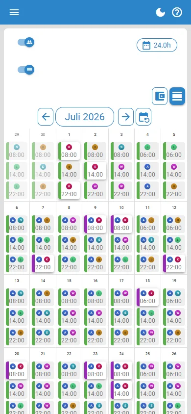 Assistenz-Ansicht: eigener Dienstplan als Monatskalender