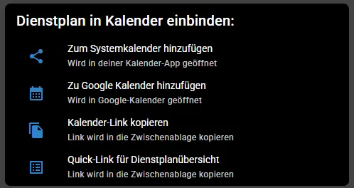 Dialog zum Einbinden des Dienstplans in Google-, System- und iCal-Kalender