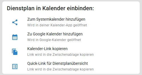 Dialog zum Einbinden des Dienstplans in Google-, System- und iCal-Kalender
